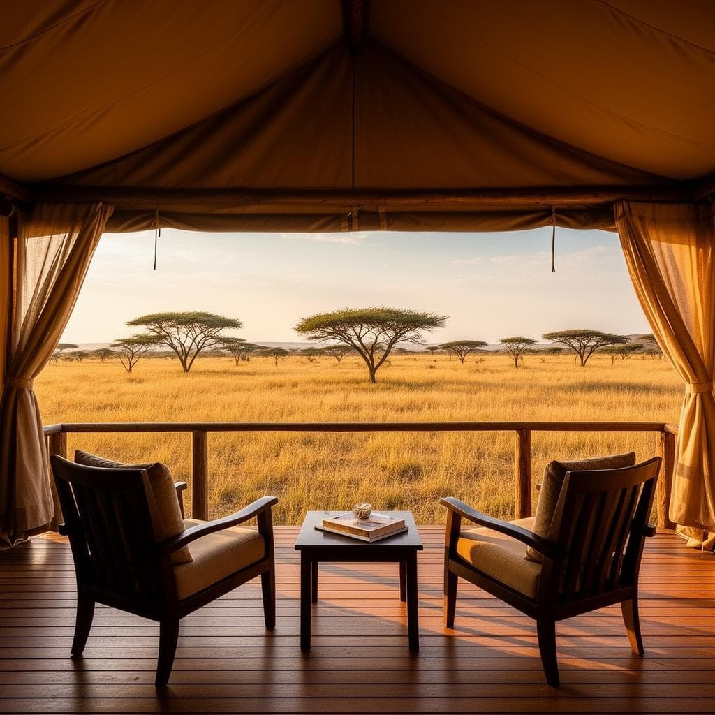 Luxury safari lodge deck overlooking the savanna